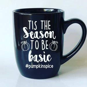 Custom black coffee mug with white vinyl design